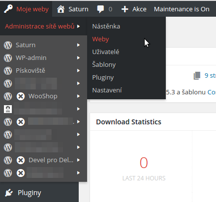 Hlavní nabídka celé sítě webů pro superadministrátora