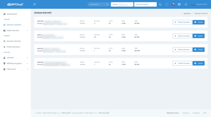 Přehled serverů ve službě WPCloud